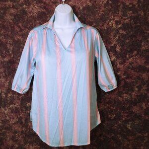 Vintage 70s Randon USA-Made Striped Knit Top Tunic Lady-(36) V-Collar Puffy SSL